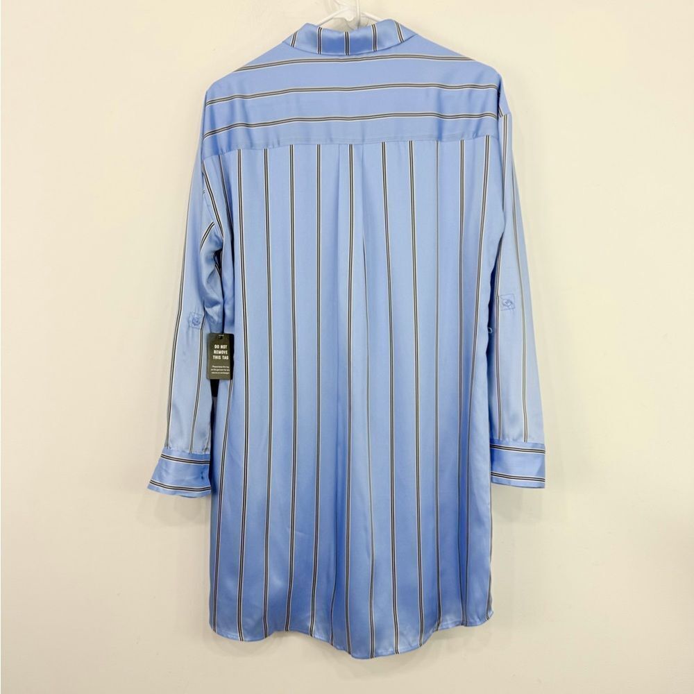 Express Light Blue Black Vertical Stripe Tab Sleeve Collared Shirt Dress NEW - Picture 9 of 15